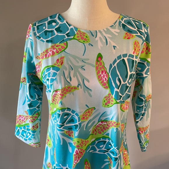 NWOT ANA CLARE women’s sea turtle print shift dress 3/4 sleeve summer beach Med - Picture 3 of 10